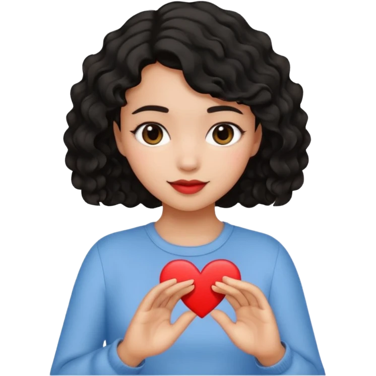 chica de cabello negro, corto y ondulado, haciendo un corazón con la mano, estilo emoji de iPhone, gesto simpático emoji