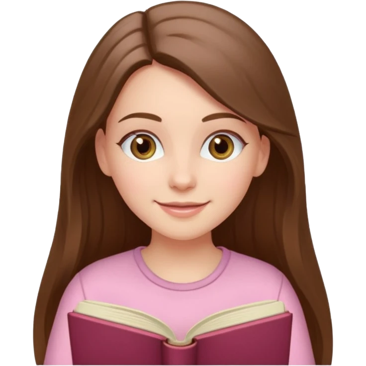 happy white long brunette hair girl with hazel eyes wearing light pink reading a book  emoji