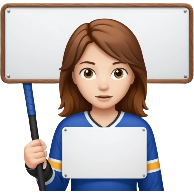 Girl hockey fan with brown long hair holding a large blank sign emoji