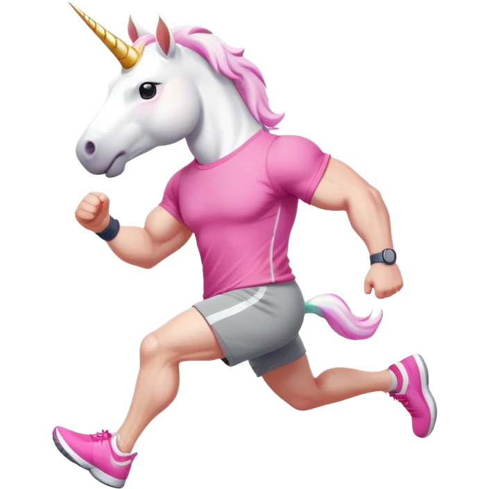 friendly anthropomorphised male white unicorn with a fit, chunky, muscular and strong physique, arms and legs matching the white of the head, in grey shorts and pink t-shirt, wearing dark sunglasses, jogging upright in a relaxed pose emoji