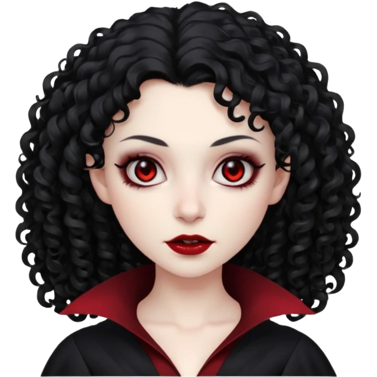 cabelos cacheados pretos, corte em camadas, pele pálida, olhos vermelhos escuros, vampiro, sexo feminino emoji