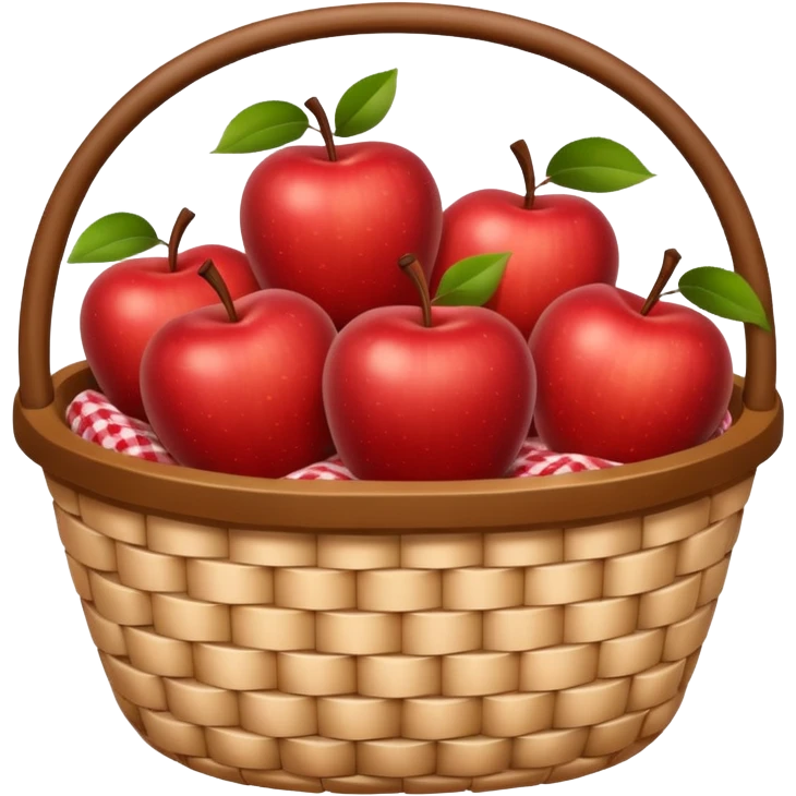 woven basket with apples and white checkered cloth, brown emoji