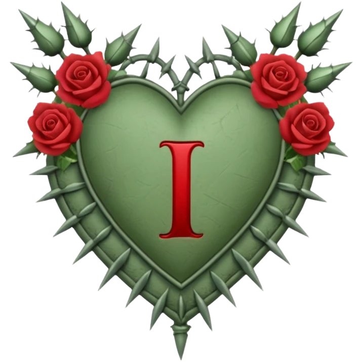 Can you make a sage green heart with a gothic design, I want roses and spikes around the heart. In the middle of the heart the letter I emoji