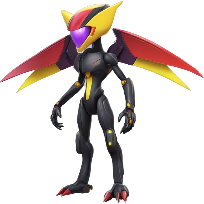a shiny black-purple-red-yellow Genesect-Flygon-Raptor-Fakémon-Medabot-hybrid with a futuristic visor-helmet full body emoji