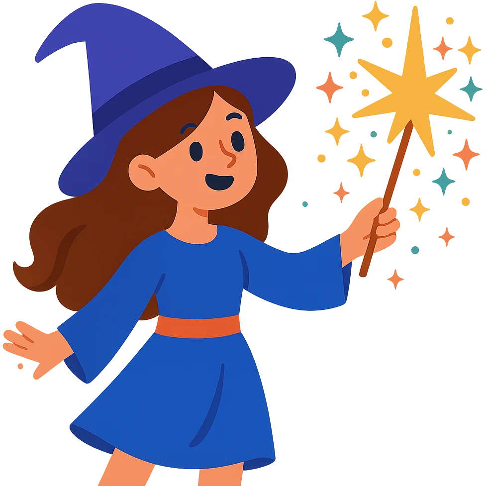 brunette girl witch, casting a spell, sparkles and stars around her, whimsical style emoji