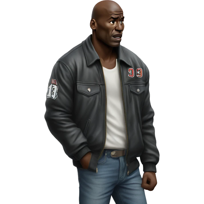 Michael Jordan in a jacket holds his head and is sad photorealistic serious emoji