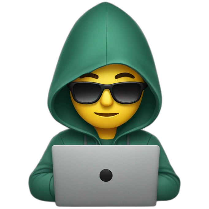developer programming with laptop wearing a hood and sunglasses emoji