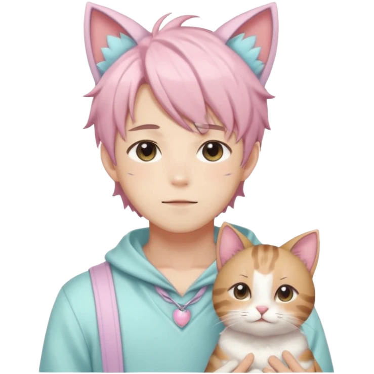 Shiny Blushing Cute Kawaii Beautiful Shota Anime Man with Cat Ears Trending Style Cottagecore Pastelcore  emoji