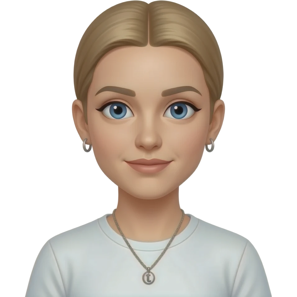 woman, blue eyes, late twenties, mousey blonde hair, slick back hair with middle parting, t shirt, silver pendant necklace, small silver hoop earrings emoji