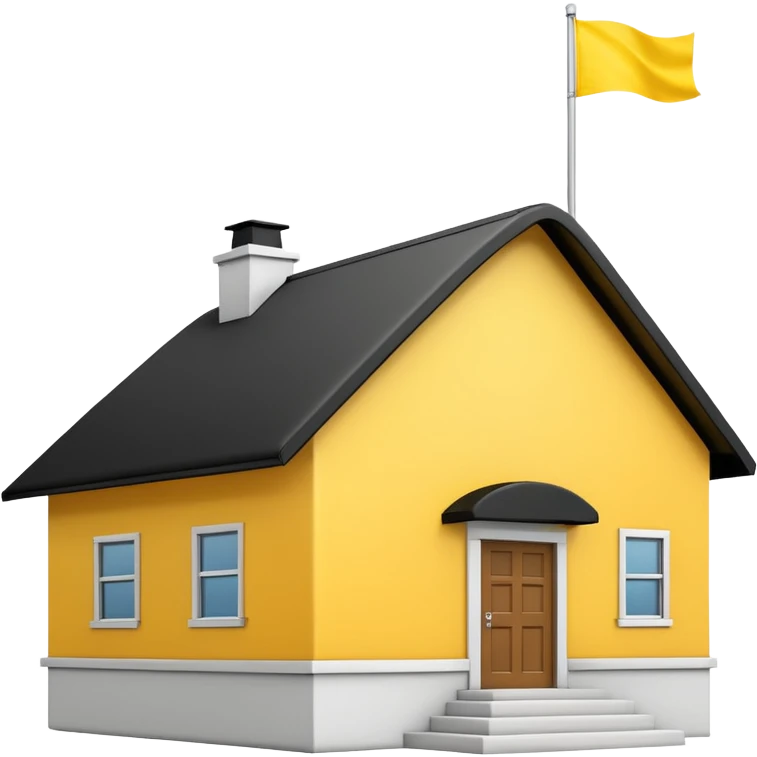 simple school, white background, magic school, black roof, with a big flag, big flag on a roof, big yellow flag, white school emoji