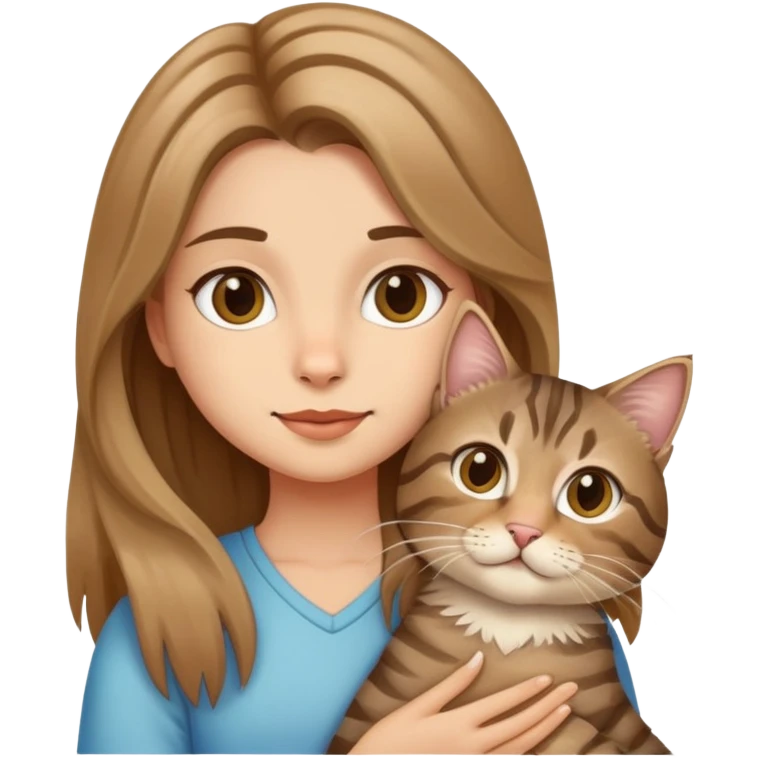 A girl holding a long-haired tabby cat and a tabby cat emoji