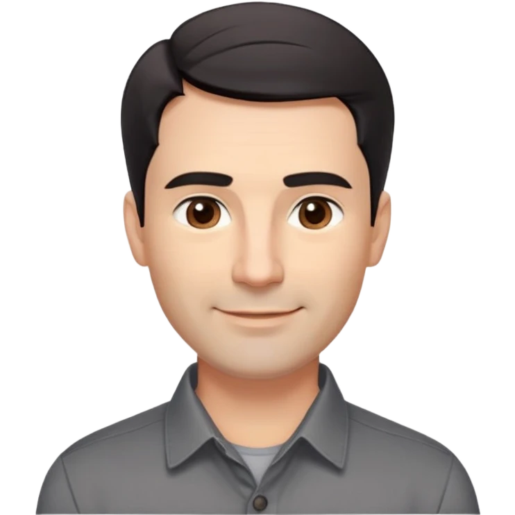 Professional-looking man in his 40s with wide square face, defined jawline, full cheeks, warm smile, medium brown eyes, prominent natural eyebrows, straight wide nose, slightly upturned lips, short fade haircut with dark almost black hair, wearing a gray button-up shirt emoji