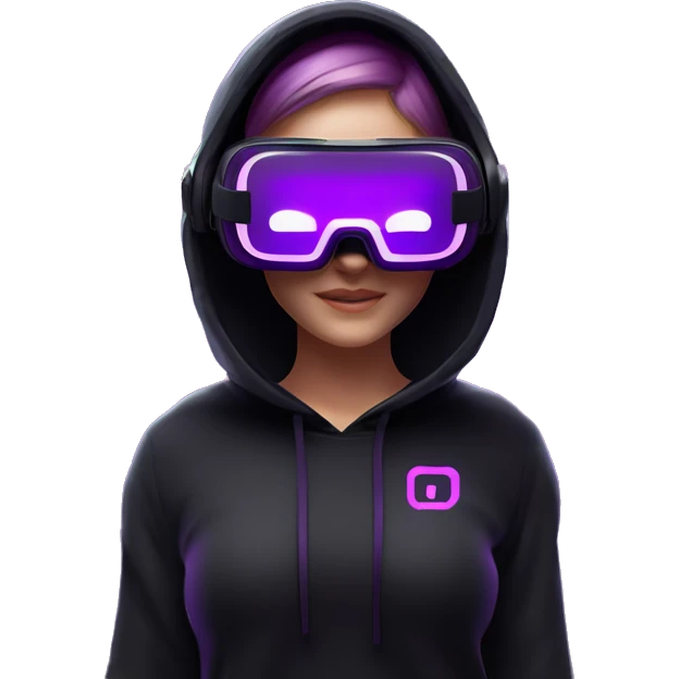Russian girl wearing black hoody with violet letters "OMG", in vr headset oculus quest2. No eyes on headset. Cyberpunk style. Violet neon. emoji