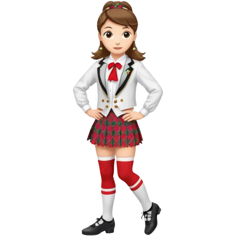 Highland dancing argyle just over the knee socks, blouse, highland dancing jacket, tartan miniskirt and highland dancing shoes emoji