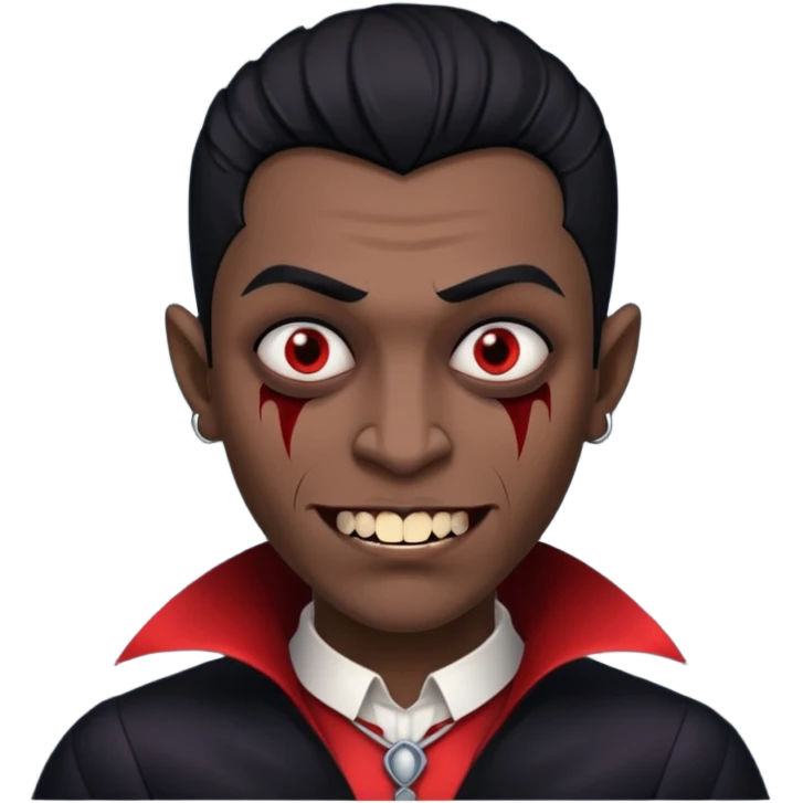 black skinned person with black hair low taper fade with vampire teeth with cuts on their face emoji