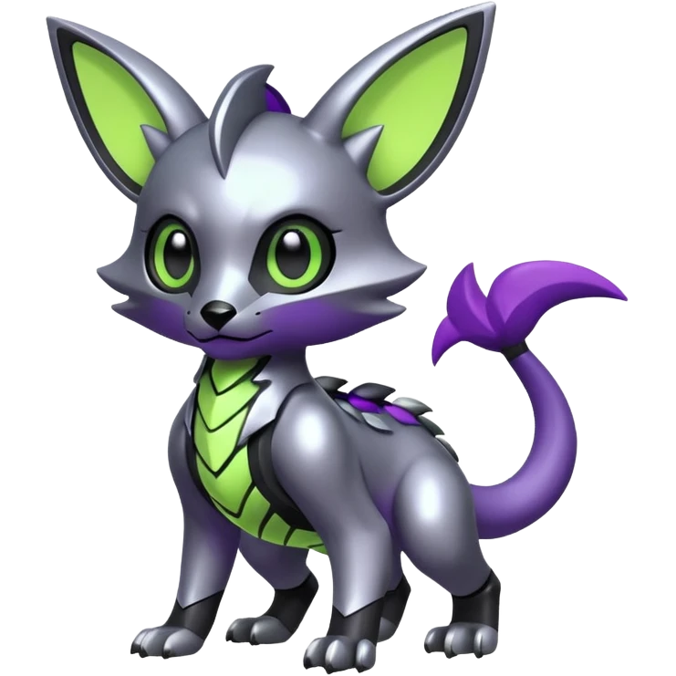 Futuristic modern Cute cool shiny metallic alloy silver-grey-black-obsidian purple neon-green white lime animal hybrid Fakemon full body emoji