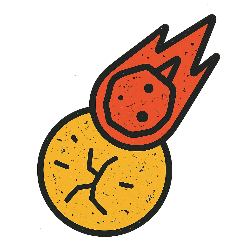 minimalist icon of a meteor falling into and destroying a planet, worn distressed effect emoji