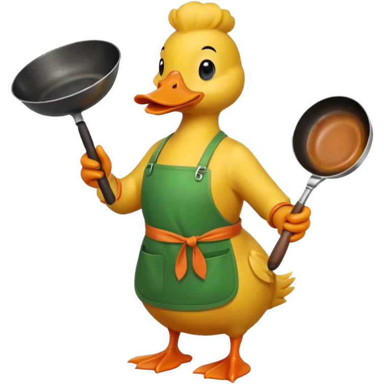 A duck holding a frying pan with vegetables, wearing green apron emoji