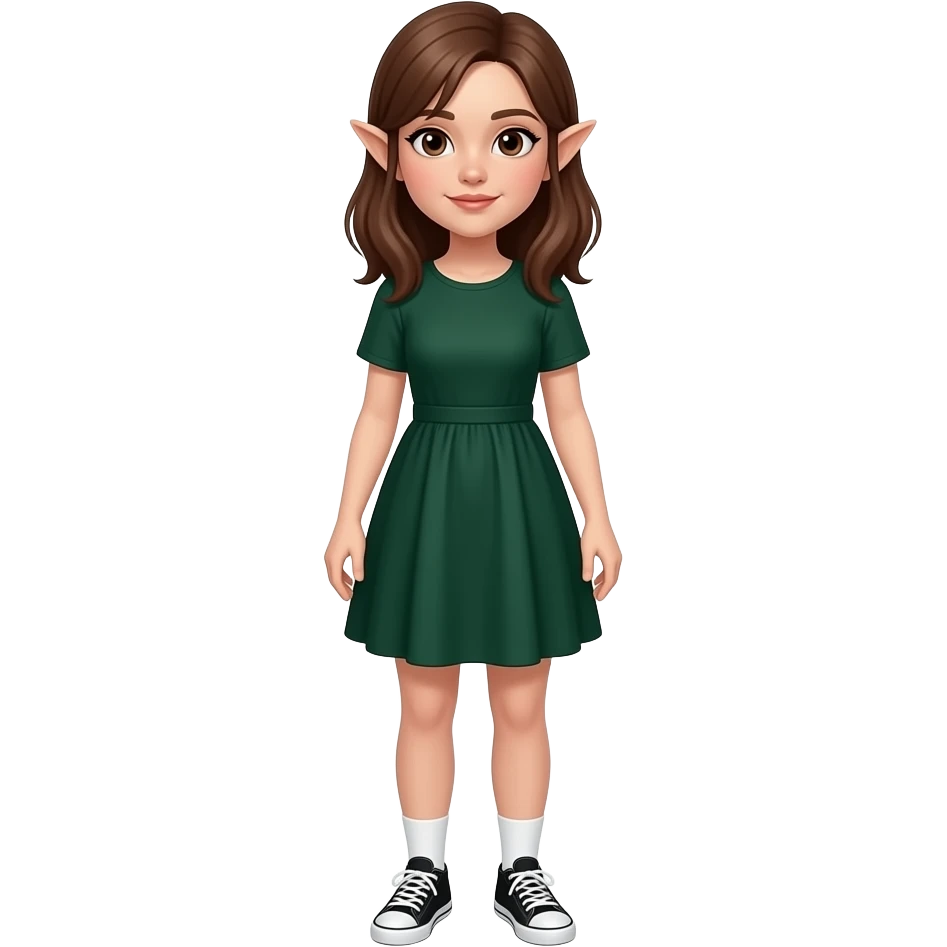 A white/fair skinned woman with brown hair, brown eyes and pointy ears, and wearing a dark green dress with white socks and black sneakers. emoji