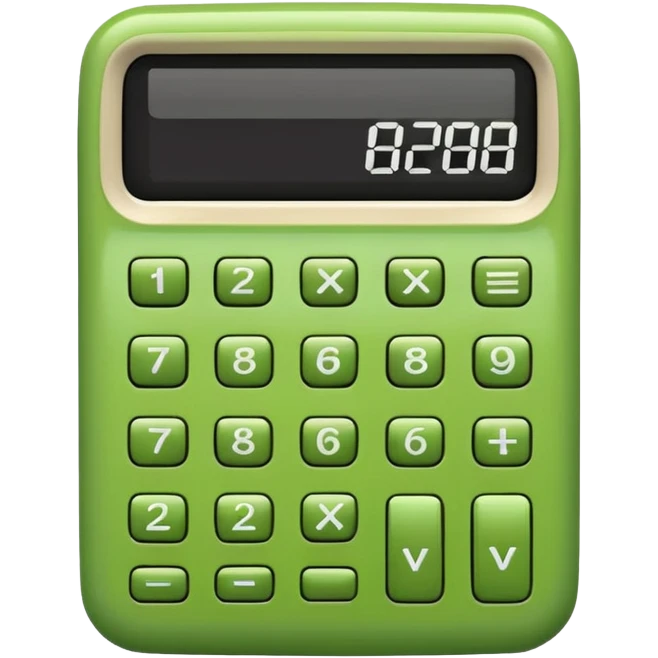 retro calculator with green body, chunky keys, digital display, apple emoji style emoji