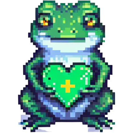 pixel art frog holding a green heart emoji