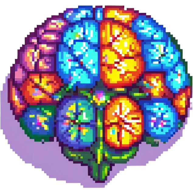 Add a colorful, vibrant core to the brain, making the center of the crystal brain glow with multiple bright colors, in pixel art style, with no background. emoji