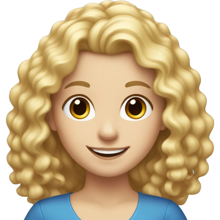 Smiling white girl, with blonde curly long hair, in blue dress  emoji