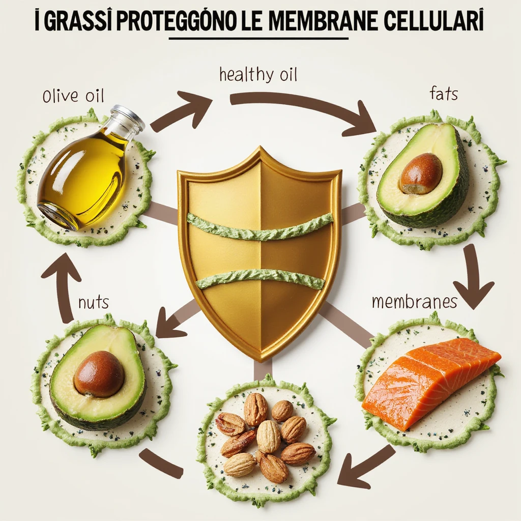 realistic infographic showing healthy fats (olive oil, avocado, nuts, salmon) protecting human cell membranes, cells with highlighted membranes, fats wrapping around like a shield, educational style, Italian caption 'I grassi proteggono le membrane cellulari', light background emoji