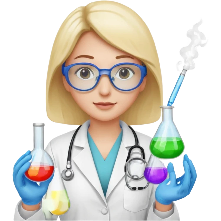 A person wearing safety goggles, a stethoscope, and a white coat. In one hand they hold a test tube containing chemicals  emoji
