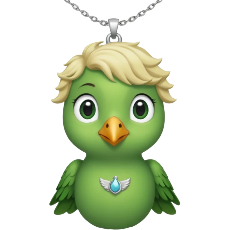 un oiseau classique vert avec un collier avec des breloque argentées et un poil blond qui fait une petite bouclette sur le front  emoji