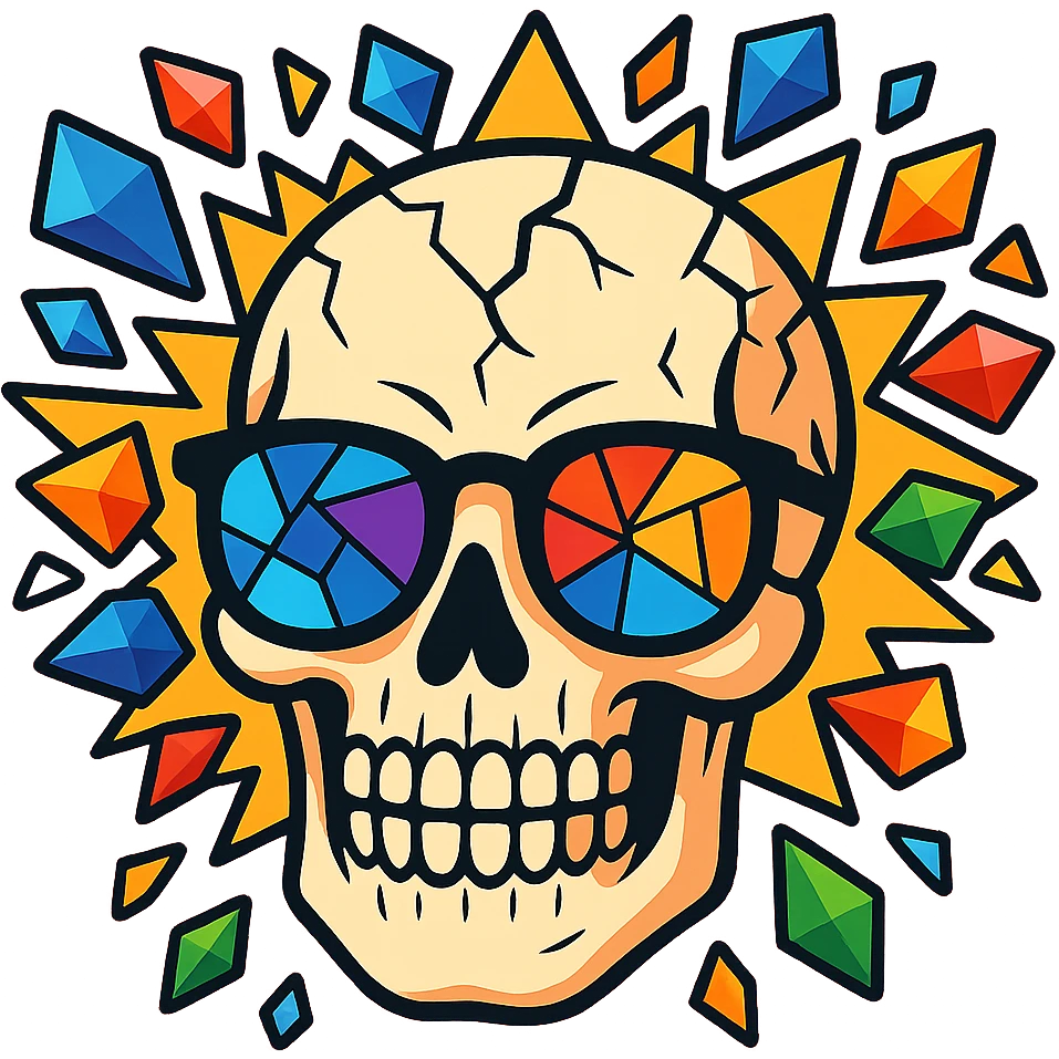 Enhance the skull with mosaic eyewear, making the head explosion more detailed and vivid in a cartoonish style with vibrant toon aesthetics. emoji