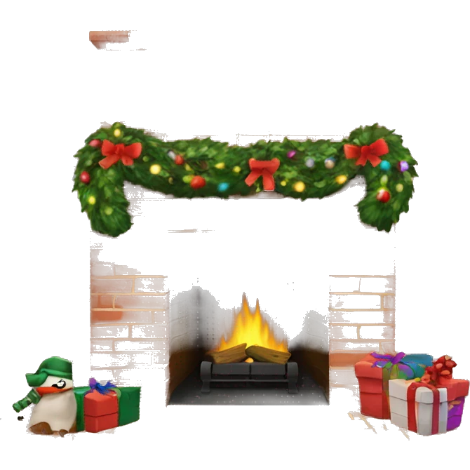 Brick Fireplace with wreath and Christmas lights and stockings emoji
