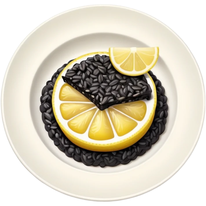 cinematic-realistic-black-risotto-dish,-showcasing-dramatic-lighting in a white plate with a single slice of grilled lemon on top emoji