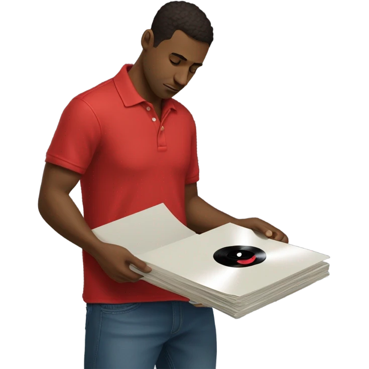 brunette man wearing red polo and baggy jeans looking at records emoji