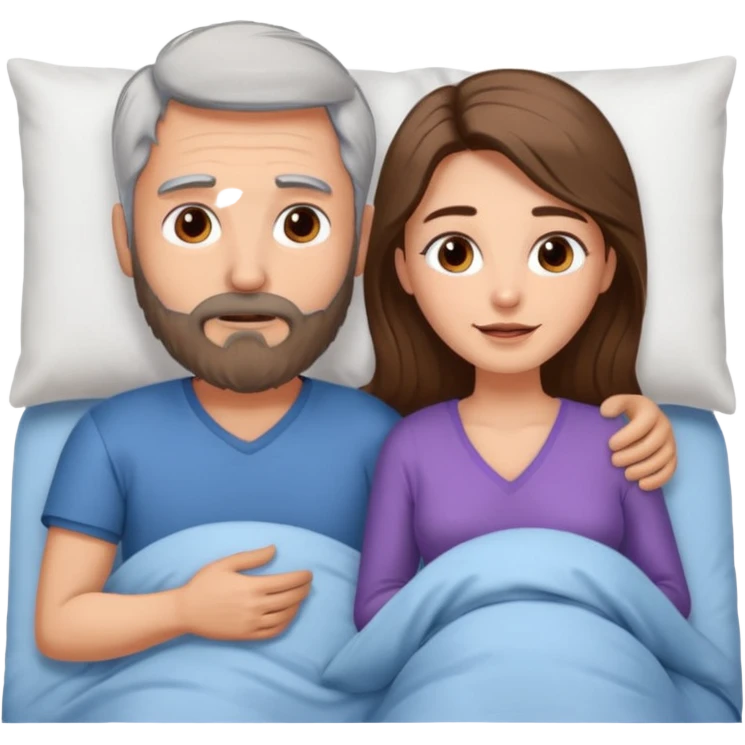 Man with grey hair an beard, and woman with long brown hair naked in bed emoji