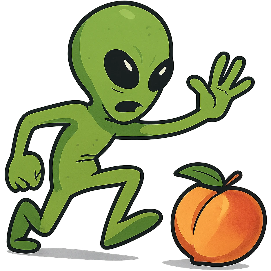 funny green alien with a raised hand, about to smack a peach, dynamic pose emoji