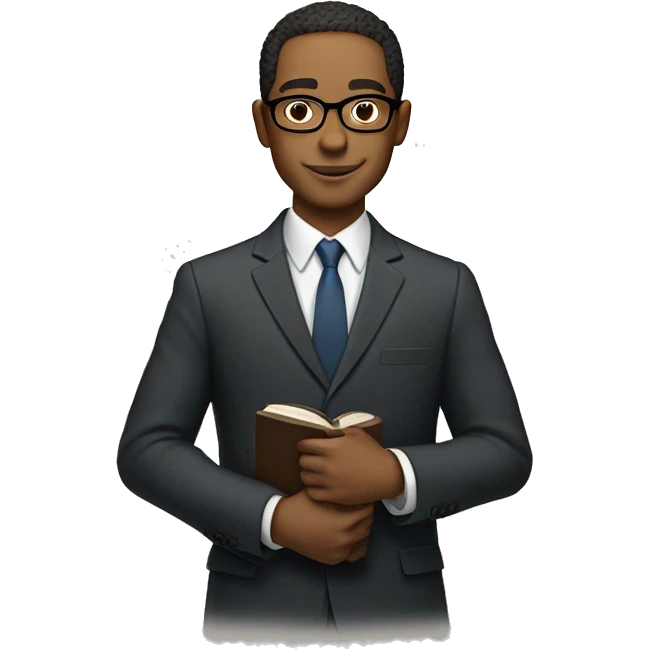 Light skinned man in a suit with glasses with a side parting in hair holding an open Bible emoji