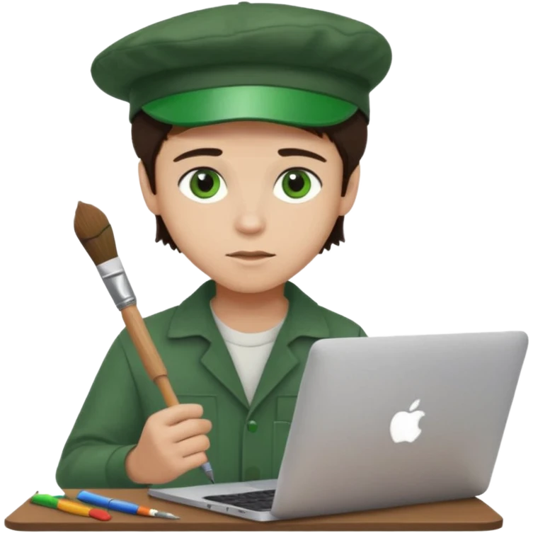 boy working in Macbook, him hat same like painter artist, eyes green color, color hair dark brown emoji