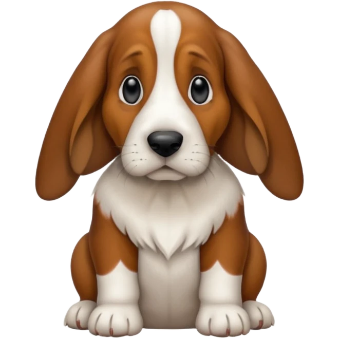 Basset hound with smaller ears, brown face black nose and ears. White belly chest and feet emoji