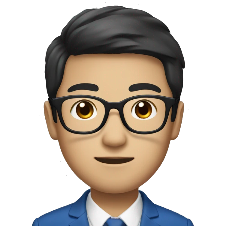 Asian boy with fair skin, short black 2:8 hair, wearing a blue suit and black glasses emoji