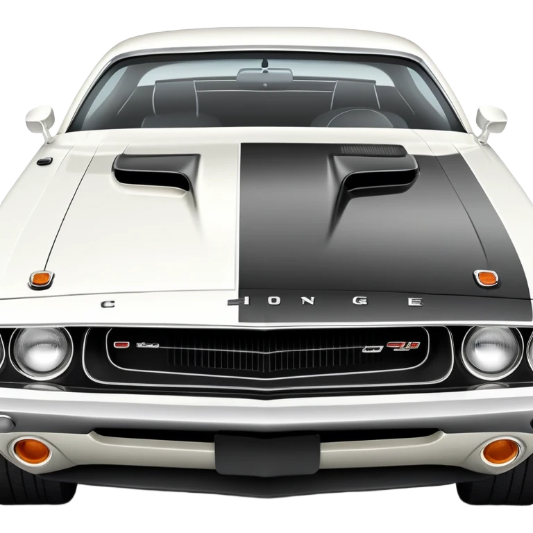 Classic white 1971 Dodge Challenger, perfect 30-degree angle view, highly detailed front grille and headlights, clean all-white exterior, authentic muscle car lines, iOS emoji style emoji