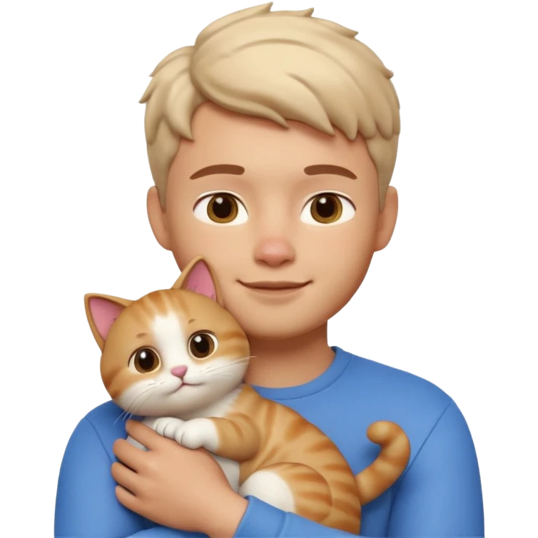 "Apple Memoji style 3D character, a young man person gently petting and hugging a cute fluffy cat, peaceful and happy facial expressions, soft studio lighting, clean 3D clay render, vibrant colors, minimalist aesthetic, high detail, high resolution, isolated on a plain white background." emoji