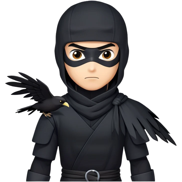 clash-of-clans-aesthetic_-cinematic-mysterious-male-ninja-portrait-emoji, rendered in a flat, vector-style with minimal shading and bold, simplified shapes, with a head slightly turned revealing intense, focused eyes. the ninja has his arm out and perched on top of his forearm is  a  giant black crow emoji