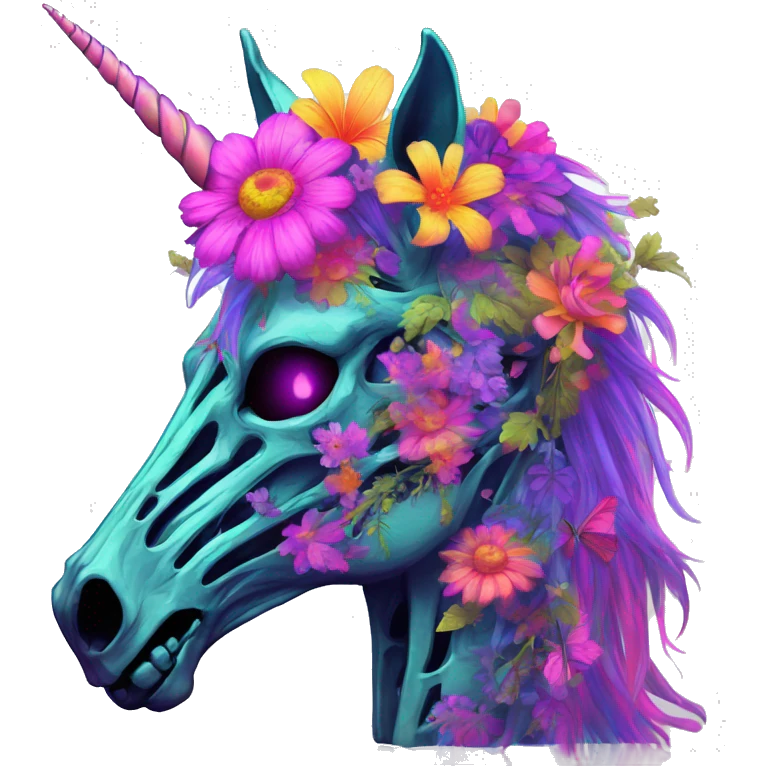 Neon Zombie Pegasus unicorn skeleton psychedelic flowers floral groovy art neon rave raving emoji