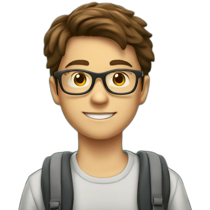 a 12-year-old boy with brown hair and glasses answers at school at the blackboard emoji