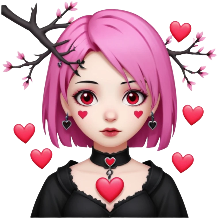 goth sakura heart, heart pierced by sakura branch, black and pink emoji