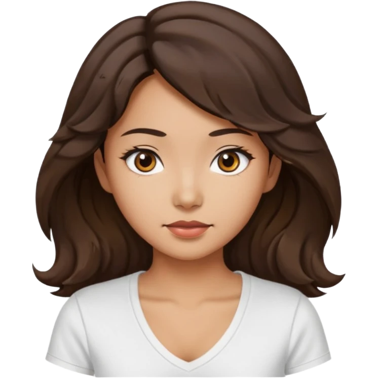 iOS style emoji. A girl with very long dark brown wavy hair. And the eyes color is dark brown. And she is wearing white t shirt with V kneck. And she is 30. She is Asian with double eyelids  emoji