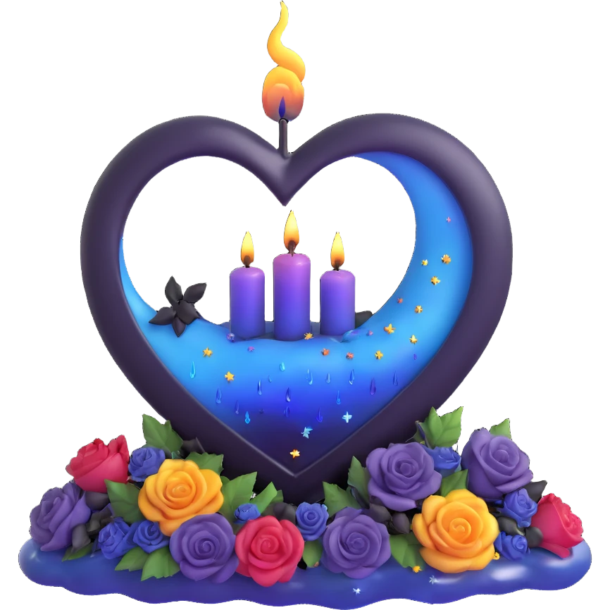 3D emoji gothic heart, midnight blue glass, silver crescent moon, tiny black roses, shimmering stardust, rainbow iridescent, dripping candle wax, misty night sky background emoji