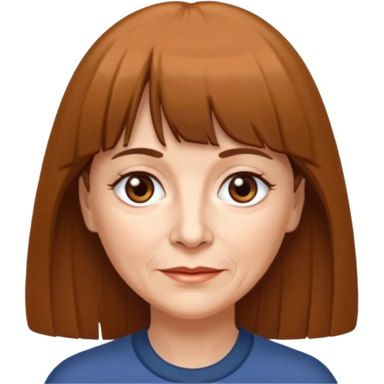60 yr old woman, very small brown eyes, long straight brown hair, bangs,  emoji