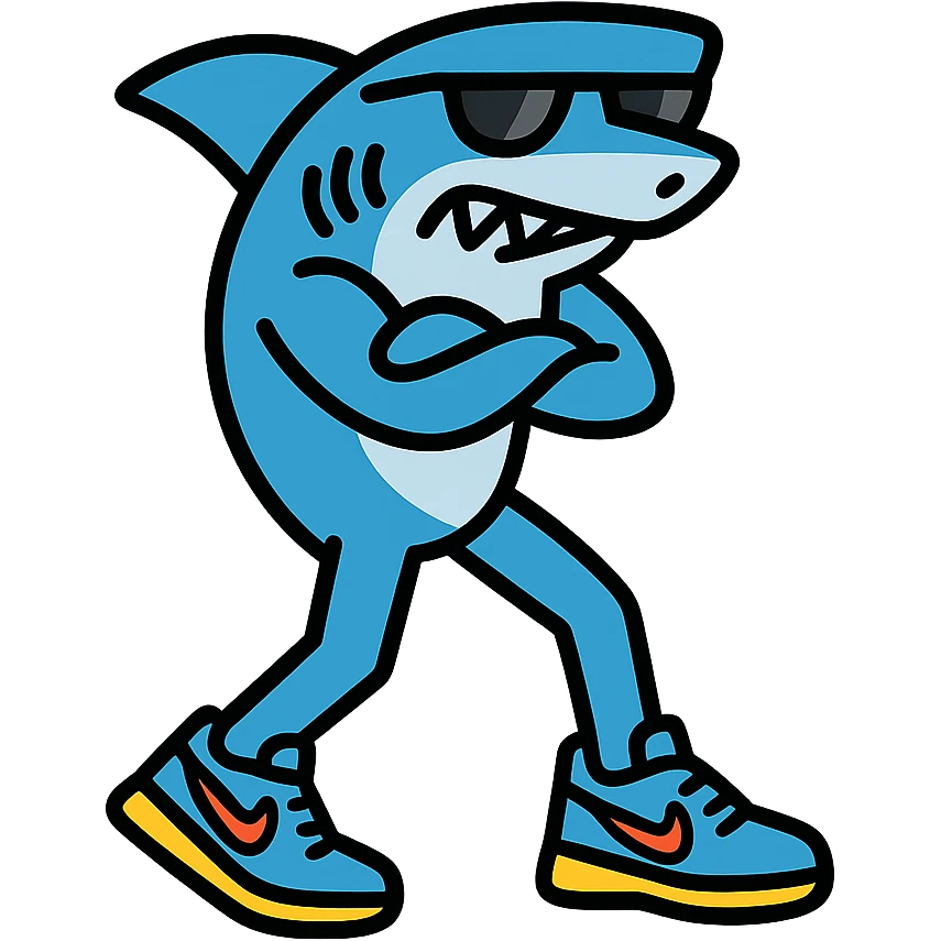 cool shark with legs striking a pose in blue Nike shoes outlined with bold color accents emoji